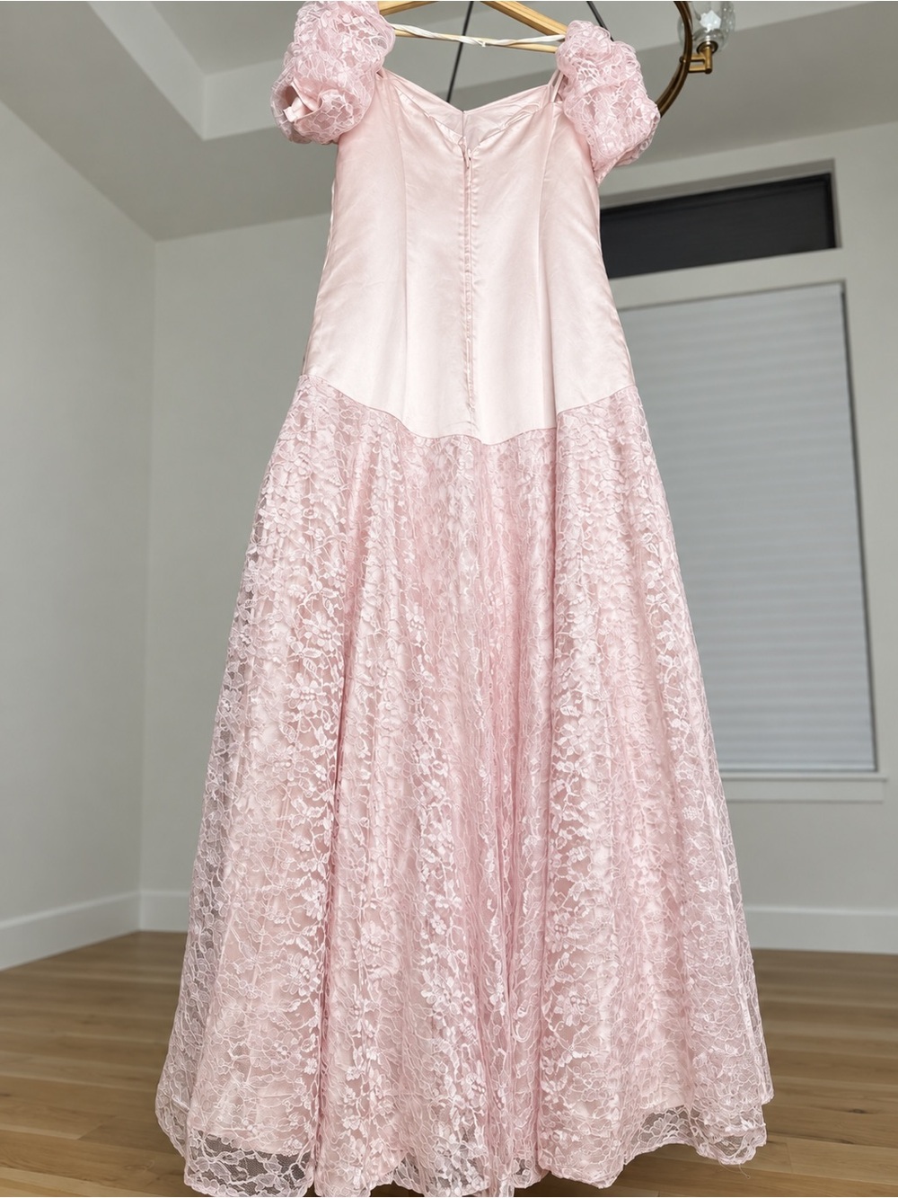 Vintage 80s Pink Satin Lace Maxi Dress Puff Sleeve Prom Gown Made in USA - Picture 3 of 6